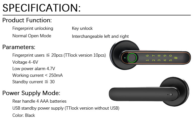 Curved Handle Fingerprint Door Lock Black Color Bluetooth Tuya App