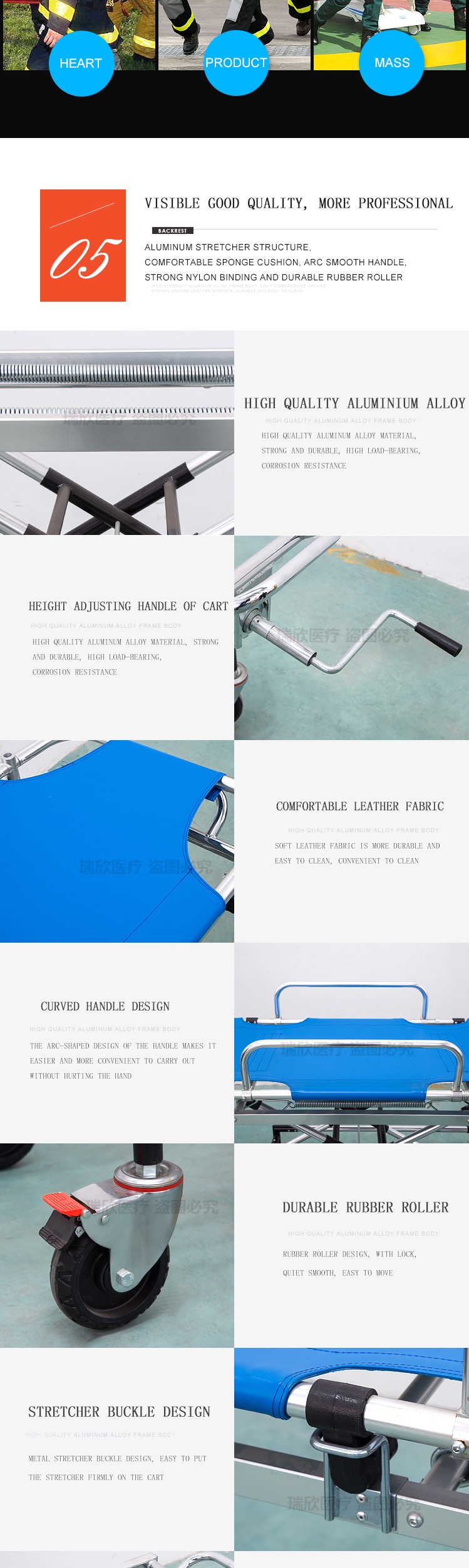 Blue Ambulance Stretcher Bed Aluminum Alloy Medical Stretcher Transport