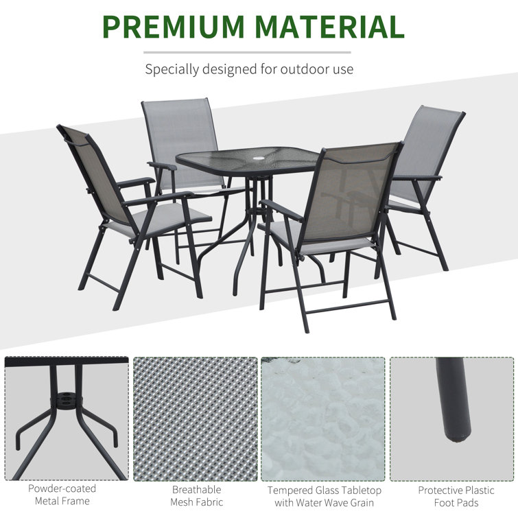 Foldable Armchair Patio Furniture 4 Seater Dining Set with Glass Top and Umbrella Hole