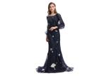Three Quarters Sleeve Ladies Evening Dresses Embroidery Bird Women Party Dress