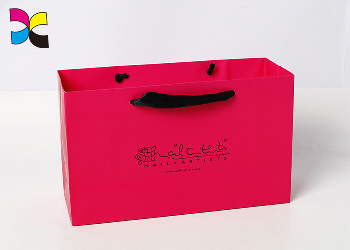 Pink Color Printed Paper Bags Black Ribbon Handle Earth - Friendly Embossing