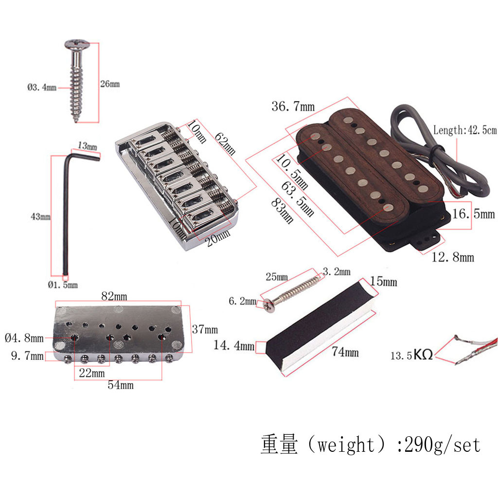 Rosewood Humbucker Double Coil 13.5kΩ Double Coil Pickup Set with metal Hardtail Fixed Bridge wrench