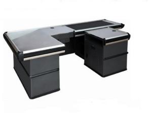 China Electronic Gray Store Conveyor Belt Checkout Counter / Motorized Cash Register Counters factory