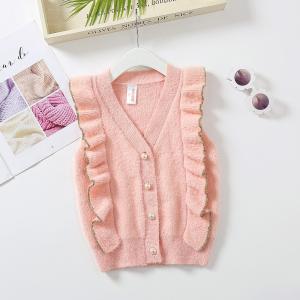 China Knitting Ruffles Patterns Children Sleeveless Sweater Wholesale Baby Girls Feather Yarn Sweater Vest factory