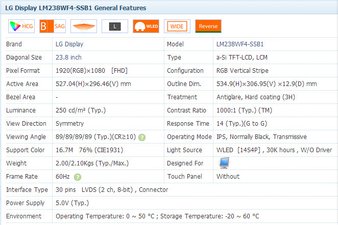 23.8 Inch IPS LCD Screen LM238WF4-SSB1 FHD DELL Special Wide Color Gamut
