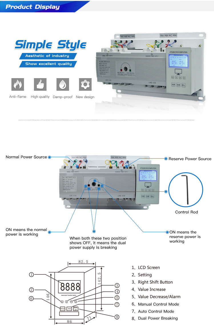 ATSQ2Y Model 4 Poles MCCB type smart Dual Power Automatic transfer switch