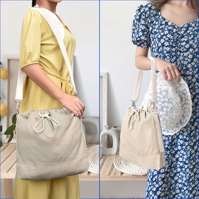 Crossbody Drawstring Bucket Bag Pouch Canvas Tote Bags Shoulder Buckle Strap 12X3X12"