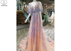 China Backless Tailor Made Prom Dresses , Deep V Neck Floral Ball Gown Bat Wing Sleeve factory