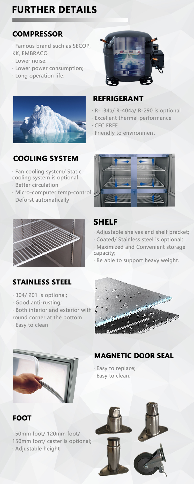 Wholesale Large Capacity Commercial Refrigerator 6 Doors Heavy Duty Independent Freezer Single-Temperature for Supermarket