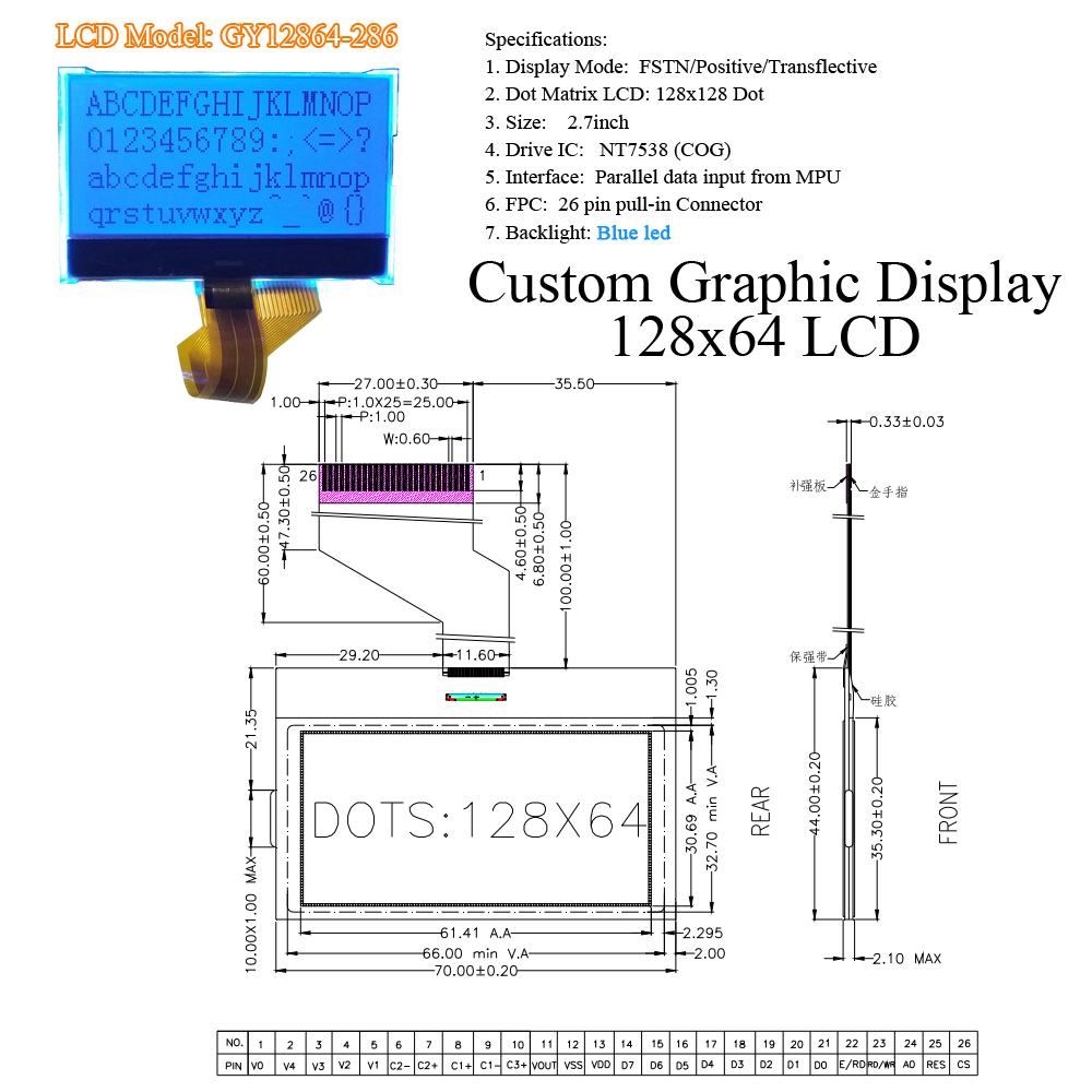 128x64 Fstn COG LCD Display Module I2c Spi St7567 26pin Screen Monochrome