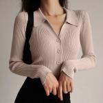 Lapel Slim Top Women′s Hollowed out Button Sexy V-Neck Long-Sleeved Polo Neck
