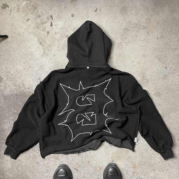 100% Cotton Custom Embroidered Sun Faded Cut Edge Acid Wash Cropped Hoodies for Men