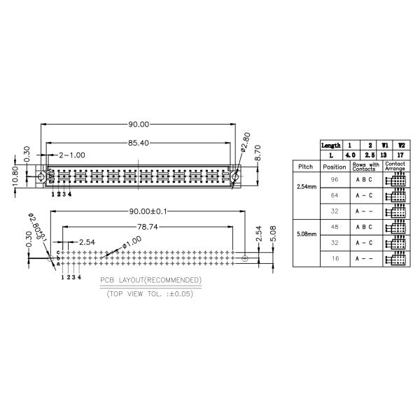 Pitch 2.54mm 3*32P DIP 1000VAC/min PCB Header Connector