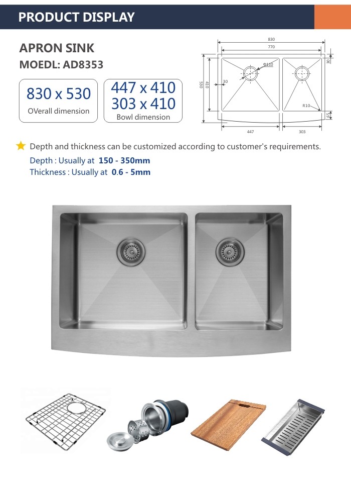 83x53 Apron Stainless Steel Kitchen Sink , 60 40 33 Inch Double Bowl Farmhouse Sink