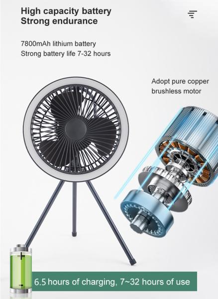 7800mAh Camping Tent Fan Outdoor Electric Light Rechargeable Detachable Tripod