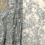 Tulle Lace Grey 3D Beaded Embroidery Fabric For Bridal Dress