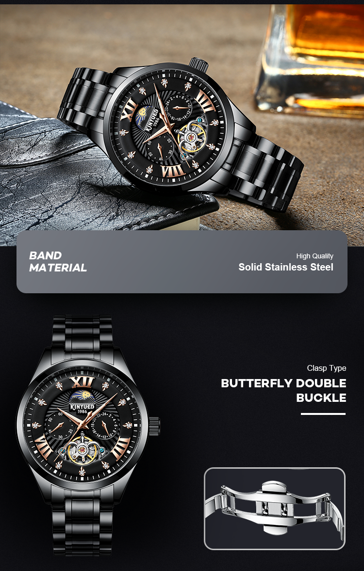 KINYUED High Quality Custom Waterproof Watch Watch Buckle Stainless Steel Automatic Mechanical Watch Men