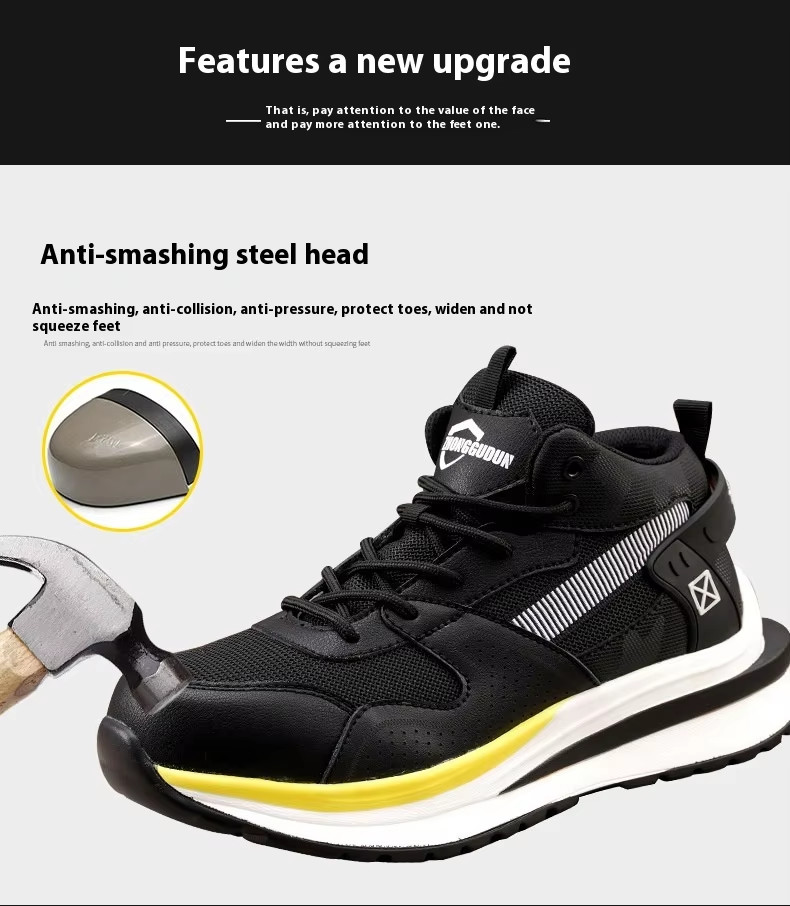 Steel Toe Mid-cut Pigskin And Flying Knit Safety Boots For OEM Security Work