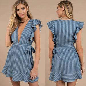 China Sexy Deep V Neck Ladies Ruffles Wrap Dress Mini factory