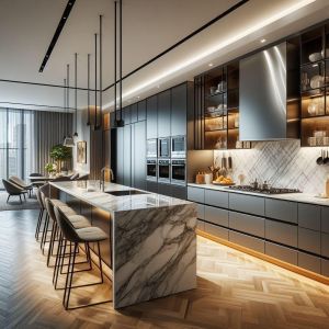 Modern Modular Kitchen Wall Cabinets Island Base Handle Durable MDF Glass