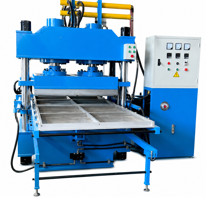 Industrial vulcanizing press in factory setting