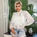 Lantern Sleeved High Neck Flared Blouse Chic Black High Waisted Lace Tops With