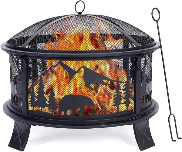 Round Metal Fire Bowl Outside Metal Barbecue Fire Pit With Spark Screen Fire