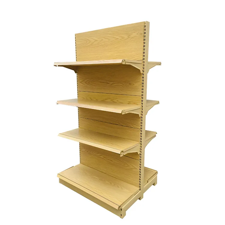 Factory Customized Color Size Logo wood grain color supermarket shelves retail display rack convenience grocery store racks