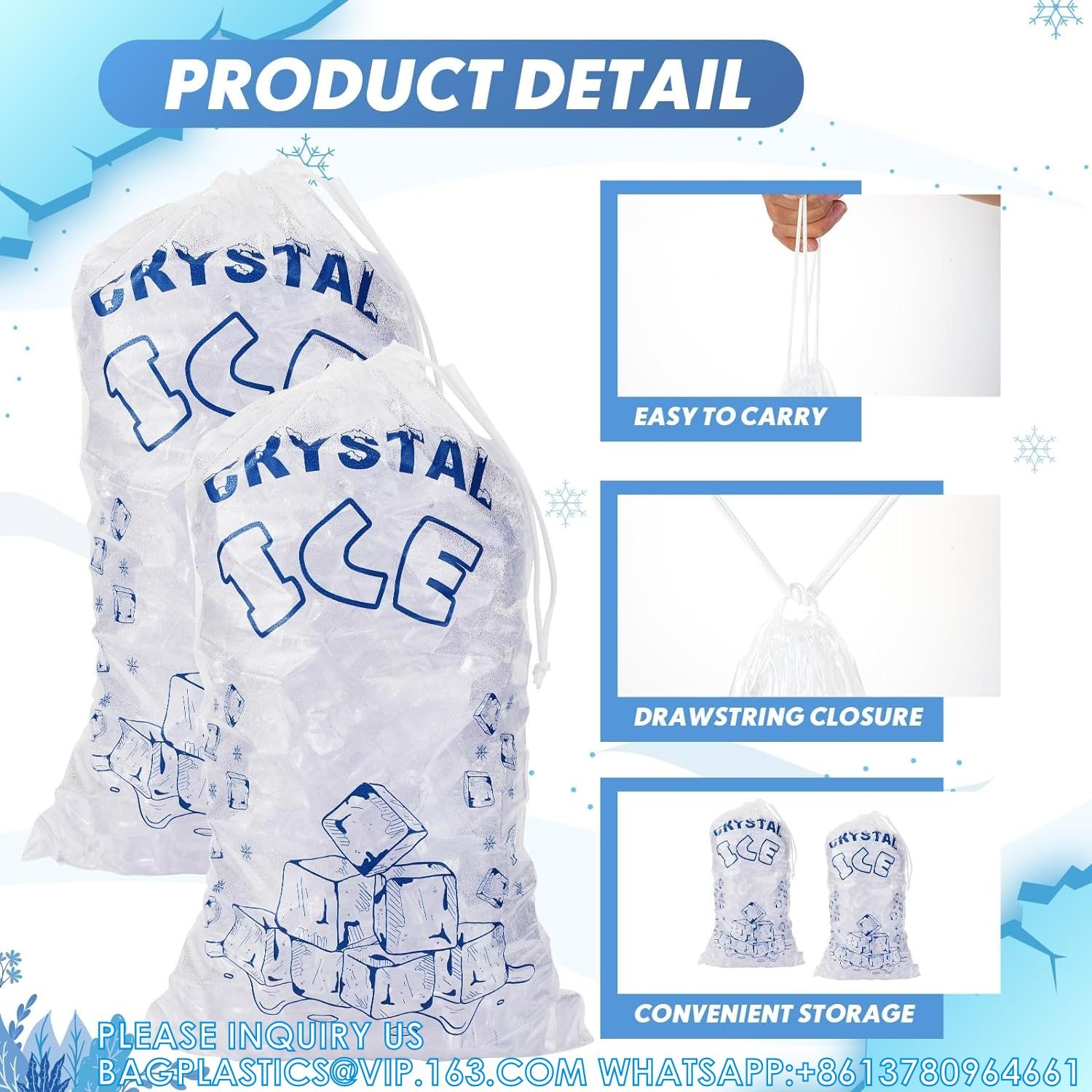 Sustainable, Recyclable, Drawstring Pack Clear Plastic Packaging Storage For Ice Storage With Draw String Closure