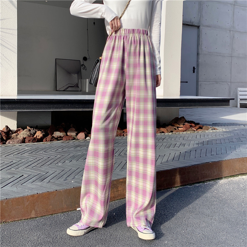 Plaid Loose Straight Leg Womens High Waisted Casual Pants