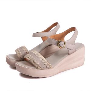China S510 Summer New Retro Leather Women'S Open-Toe Sandals Handmade Knitted Ladies Wedge Shoes Factory Direct Sales factory