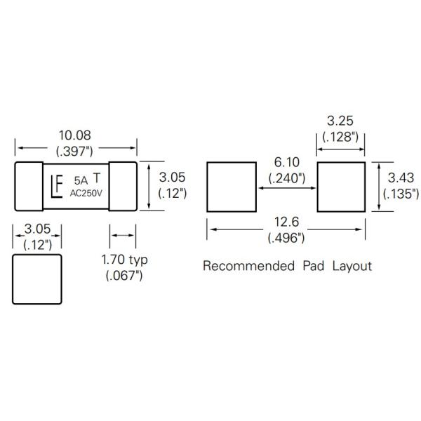 Time Lag Subminiature Small Square Surface Mount Fuse 0.50A - 5.0A 250V 443 Series NANO2 3x10mm