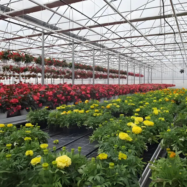 Interior view of Venlo greenhouse showing plant cultivation