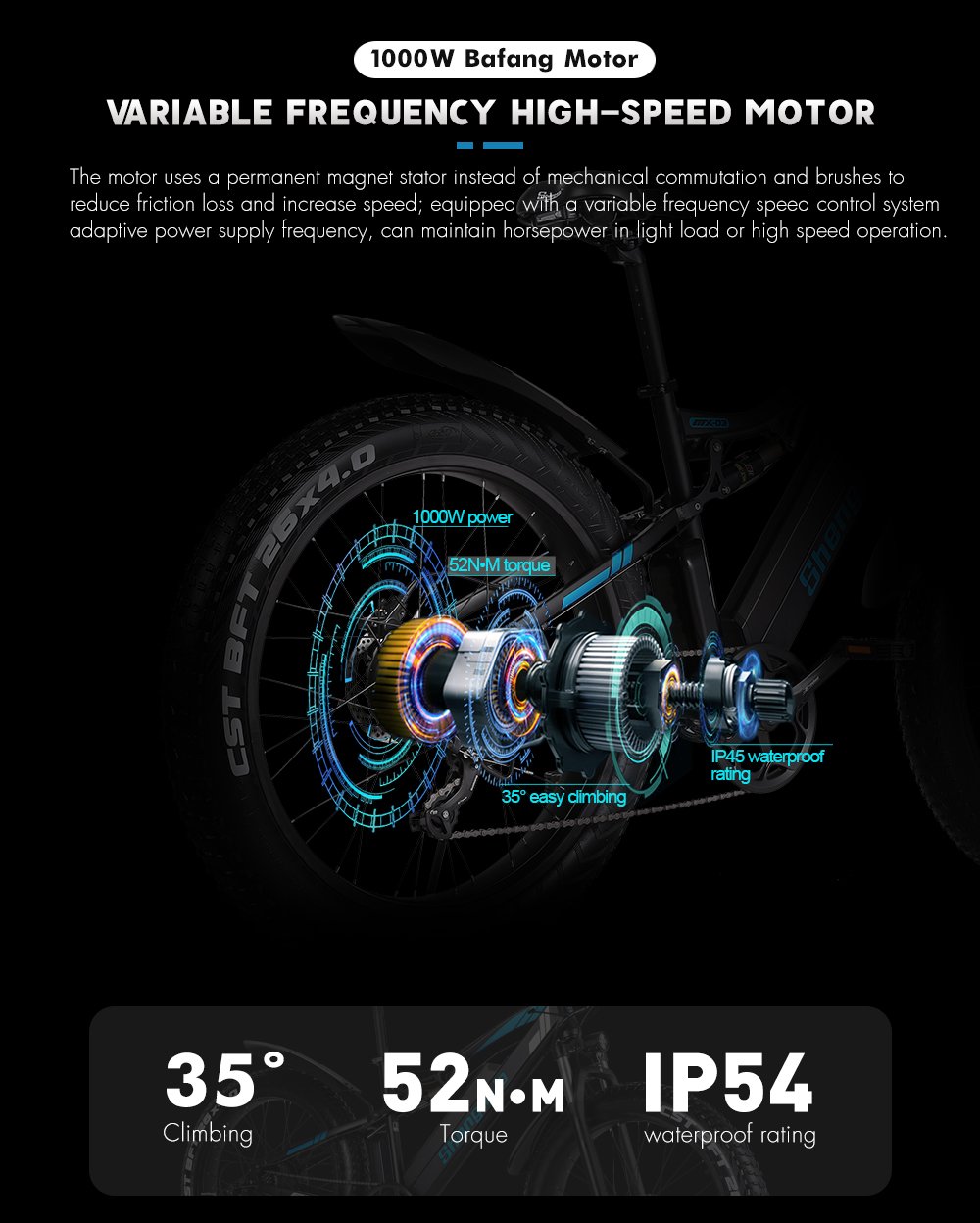 48V 17Ah 1000W Electric Fat Tire Bike 7 Speed Double Suspension Electric Bike