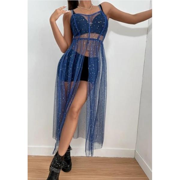Sling Mesh Bikini Cover Up Sexy Slim Dress Sleeveless Solid Pattern