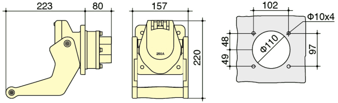 PowerSyntax Shore Power High Current Industrial Panel Mounted Male Socket 4P 250A 400V IP67 Part No. MB250A-BP
