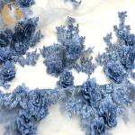 3D Embroidery Rhinestone Lace Fabric Handmade Blue African Lace Fabric