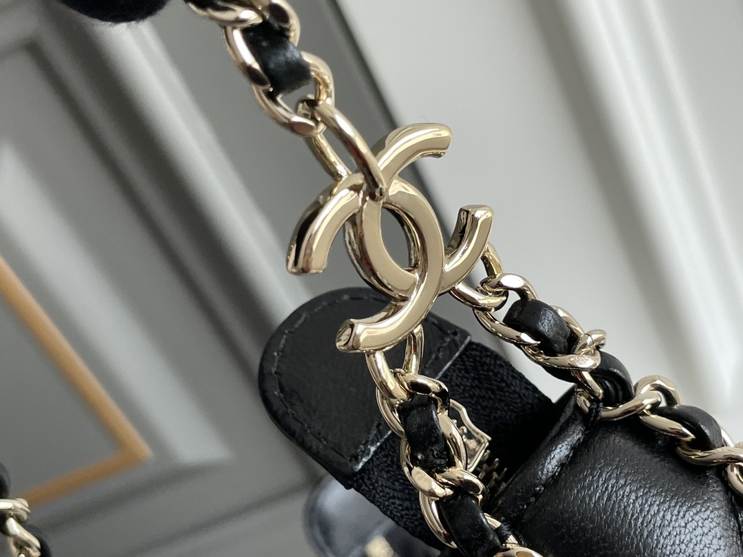 Black Chain Mini Sling Bag Branded Chanel Hobo Handbag Calfskin Leather