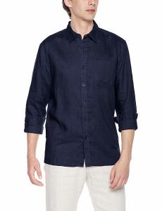 China Blue Curved Hem Business Casual Linen Shirt Long Sleeve Collared Shirt factory