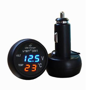 China Popular New 3 in 1 Digital LED car Voltmeter Thermometer Auto Car USB Charger 12V/24V Temp factory