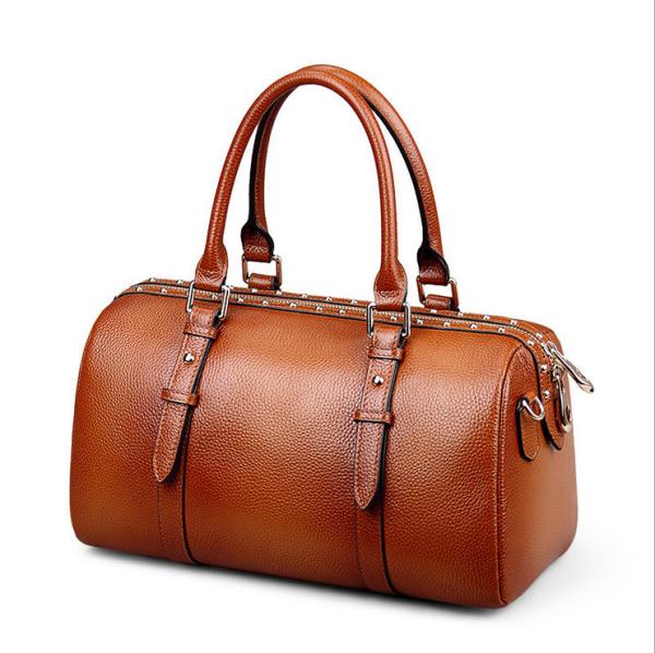 Genuine Leather Boston Bags for Women Brown Pillow Vintage Bags with Rivet