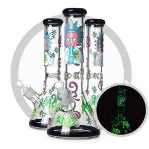 China Hand Drawing Rick And Morty Bong 7mm Glass Smoking Hookah Pipe Luminous Design factory