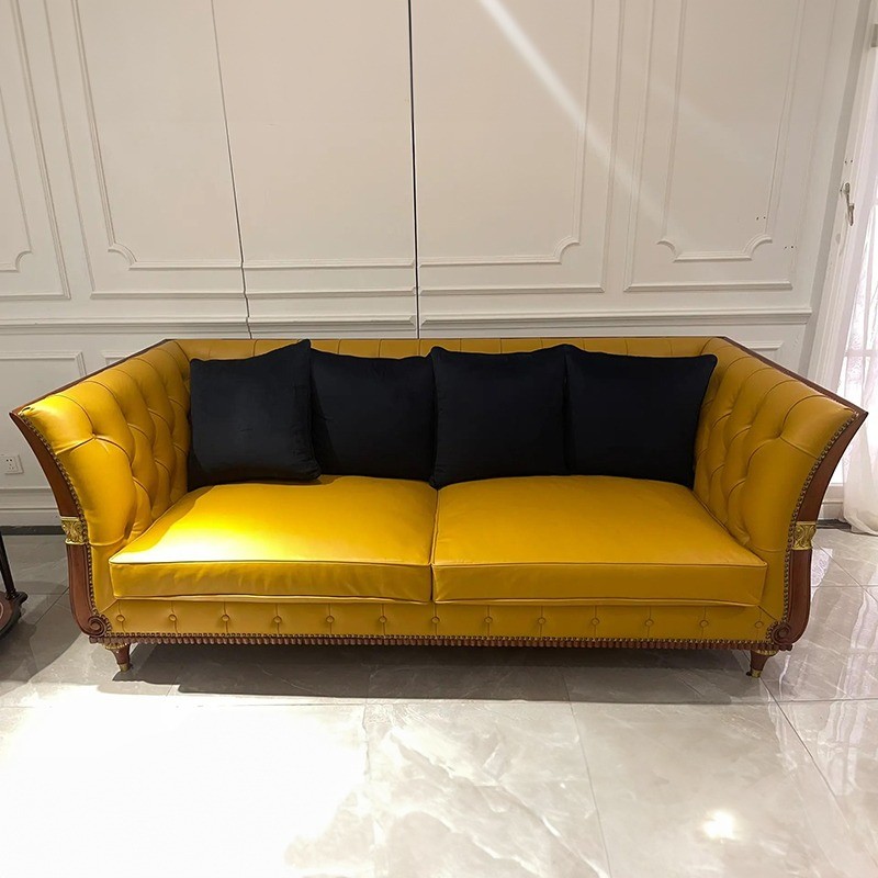 Vintage Hotel Lobby Furniture Wooden Frame Chesterfield Leather Villa Sofa Set
