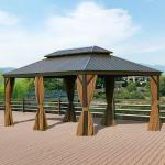 Outdoor Hardtop Gazebo Galvanized Steel Double Roof With Curtains