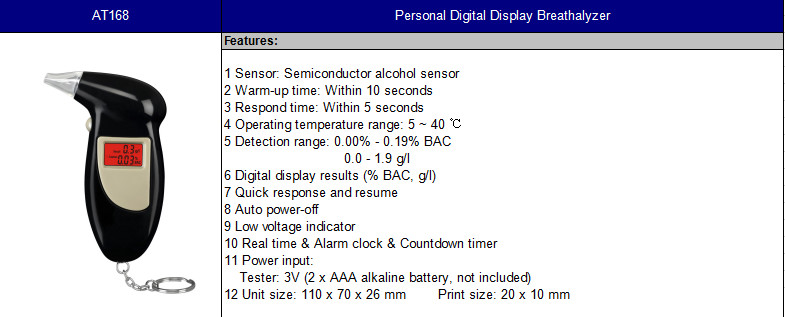 AT168 Professional Breathalyzer Alcohol Tester Passive And Active Test