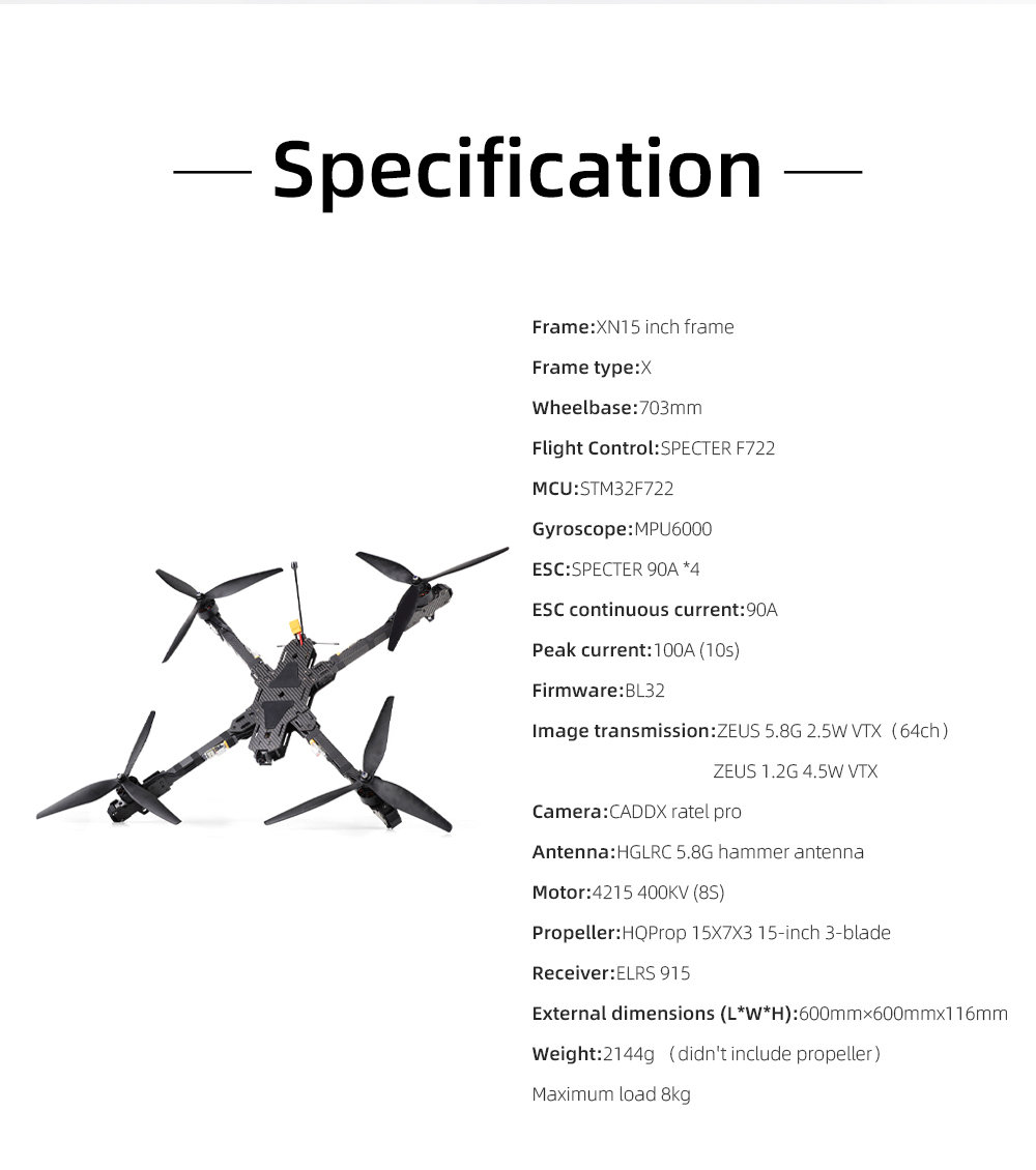 Long Distance 15inch Carbon Fiber Freestyle FPV Racing Drone Kit 1.6W 2W 3W