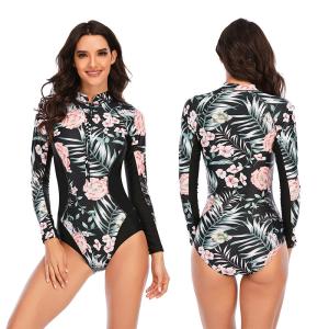 China Stand Collar Womens Zipper One Piece Swimsuit Long Sleeve Printed Customized factory