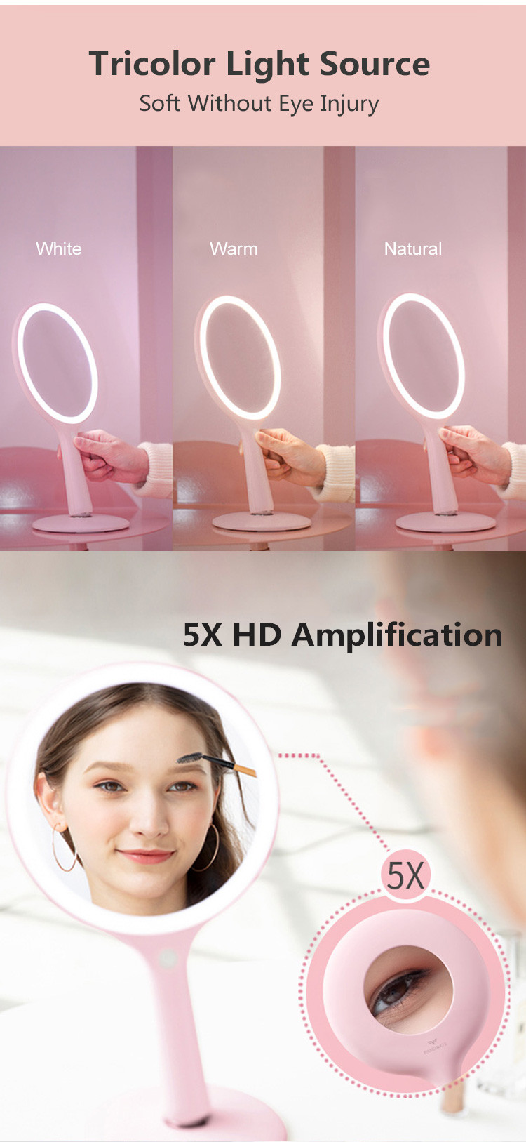 2600mAh Battery tricolor 3500k 5x HD LED Magnifying Mirror