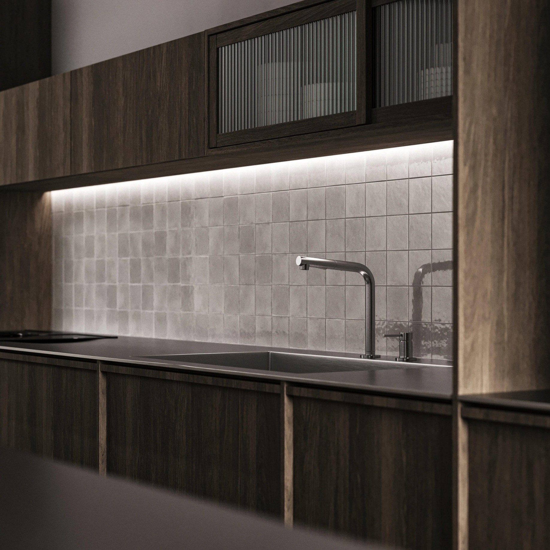 Custom Modern Skeleton Line Design Made Flat Wood Grain Finished Kitchen Cabinet Solid Wood Kitchen Cabinet