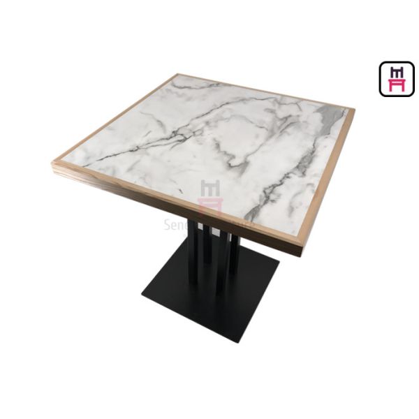 China 4 Person Buffet Laminate Dining Table White Marble Pattern HPL with Pine Wood Edge factory